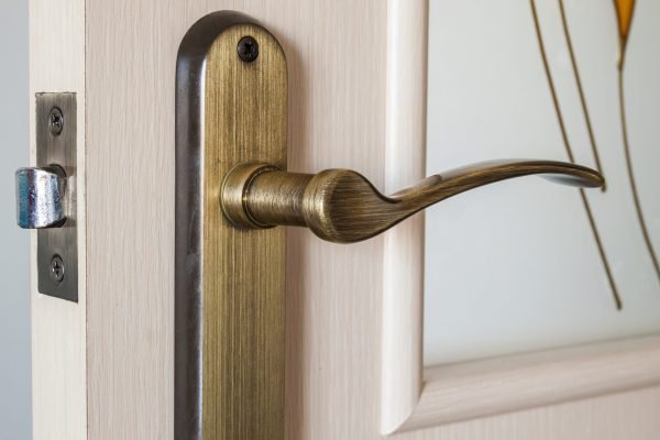 Modern, contemporary satin wooden door metal handle close-up detail